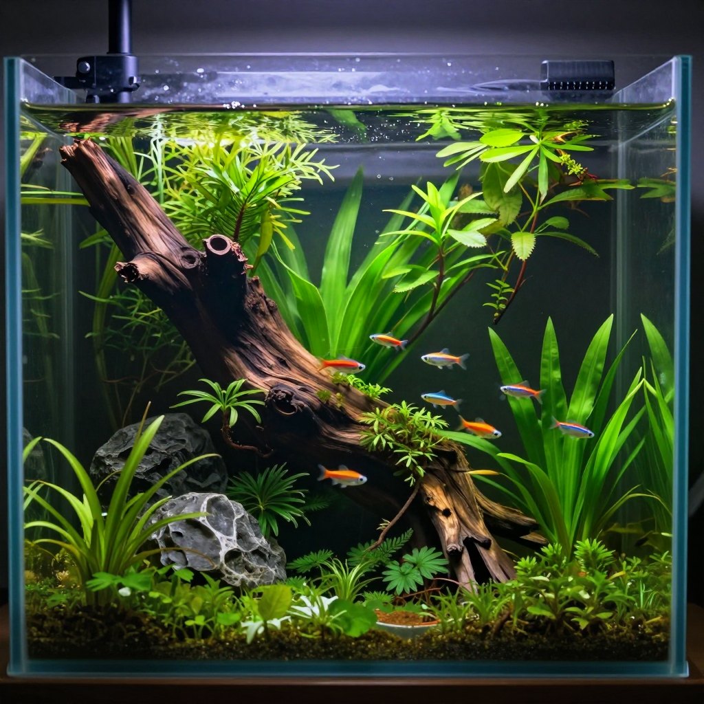 Acuario plantado de agua dulce con troncos y peces nadando